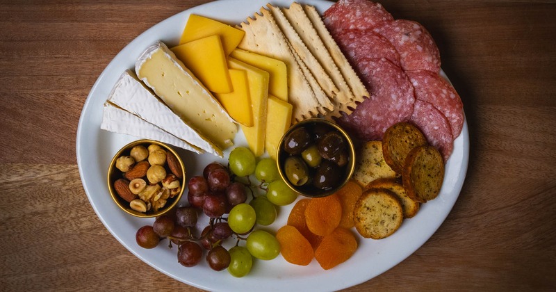 Charcuterie and cheese plate, top view