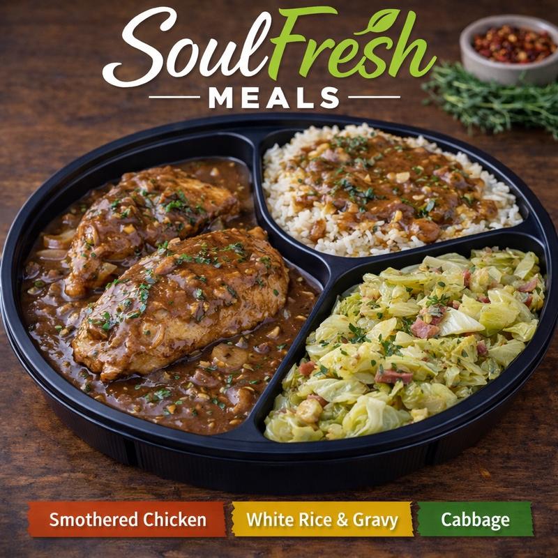 menu item 43 of 43, Smothered Chicken | White Rice & Gravy | Cabbage