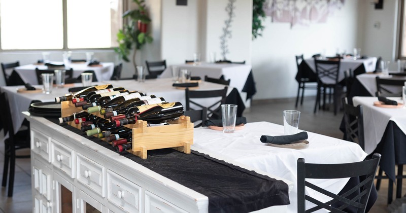 Interior, seating area with wine selection