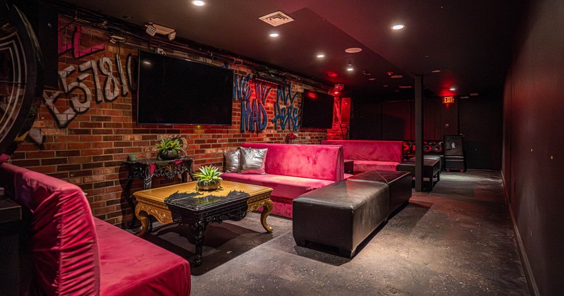 Dimly lit lounge - graffiti on brick walls, red and black seating;  potted plants on a coffee table