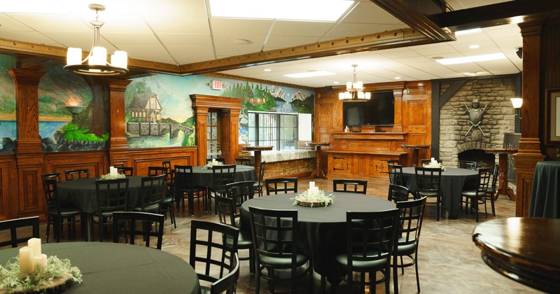 Interior, seating area with rounded tables