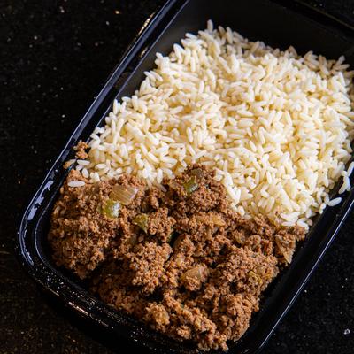 Sliced meat and rice