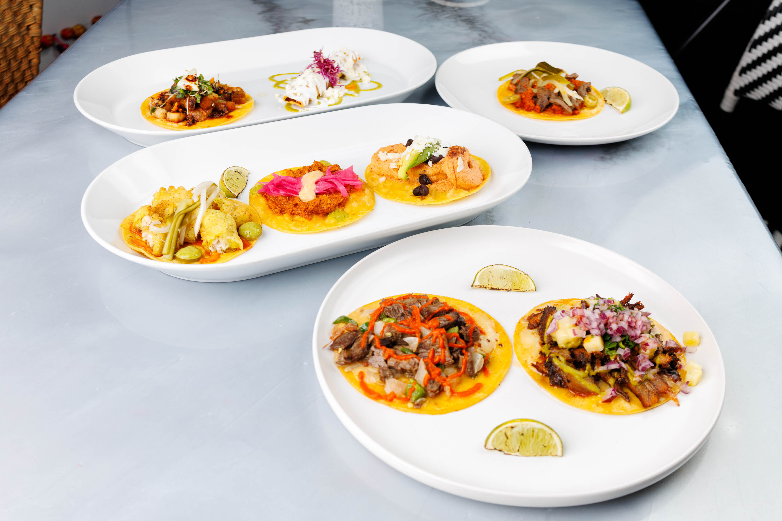 Plates with various tacos served on the table