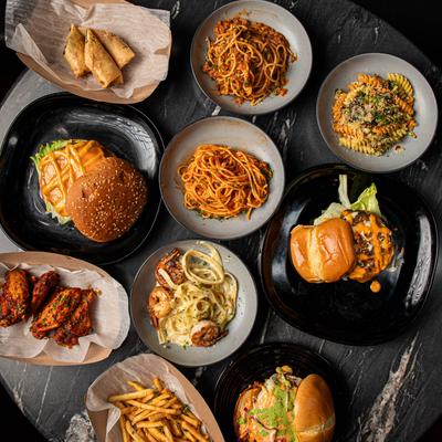 An assortment of dishes on a table, overhead view.