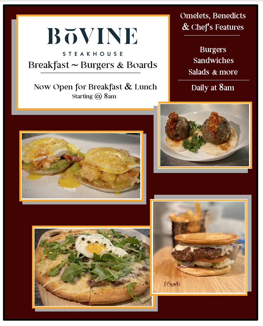 A flyer promoting breakfast and lunch.  Pictures of lobster benedict and a burger