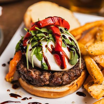 Burrata Burger abd Truffle Fries.