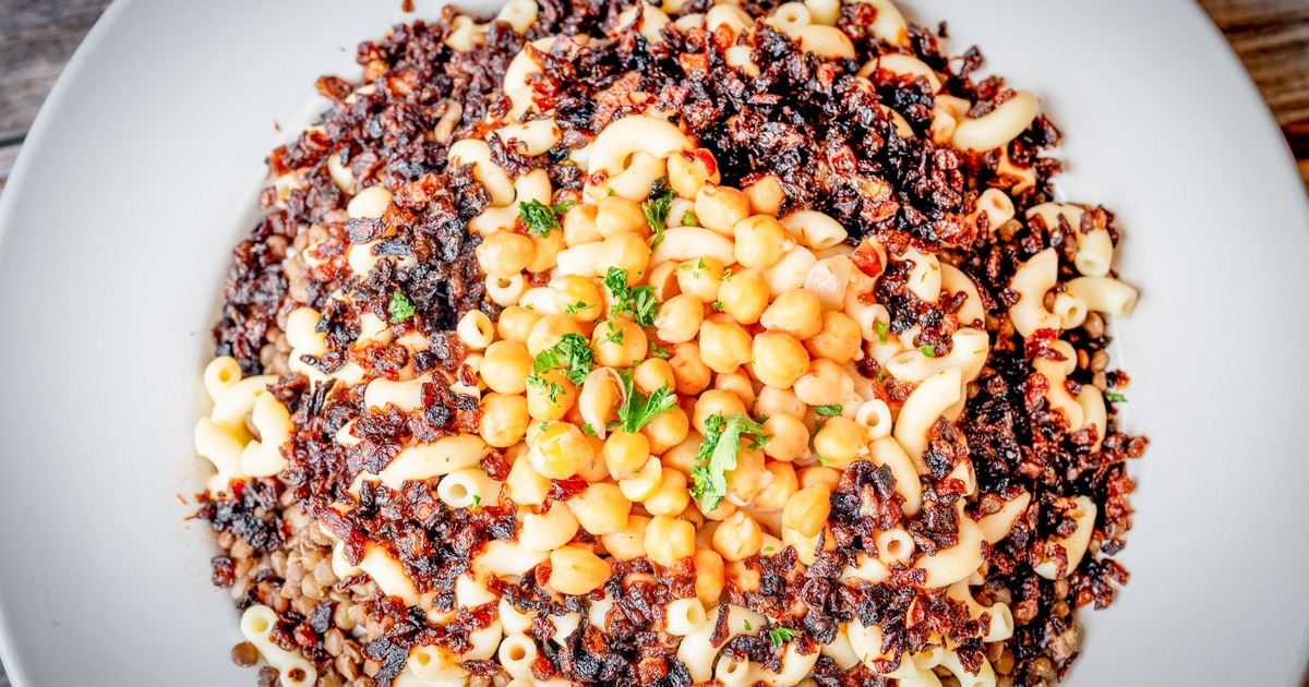 Koshari - Layered rice, lentil, and pasta dish