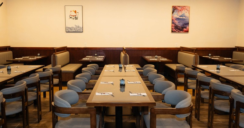Interior, dining area with tables and chairs