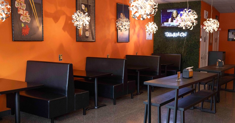 Interior, dining area with restaurant booths