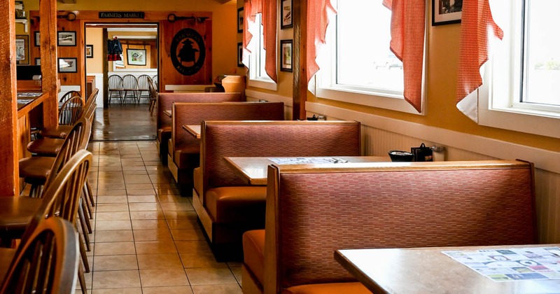 Interior, seating benches and tables lined up, bar and bar stools