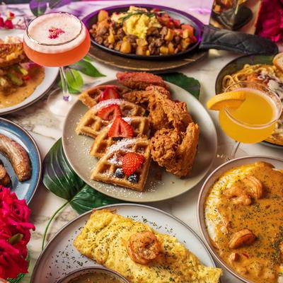 Assorted food and drinks.