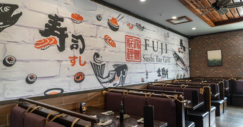 Interior, restaurant booths near wall