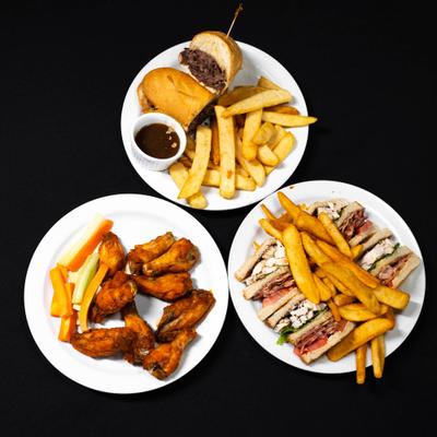 Beef Dip, Wings and Club Sandwich.