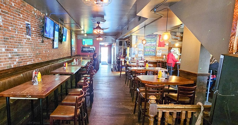 Interior, lined up chairs and tables