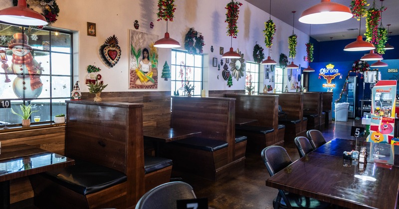 Interior, wooden restaurant booths