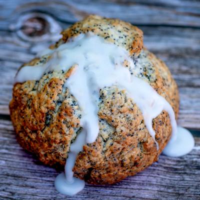 lemon poppy scone with optional lemon glaze.