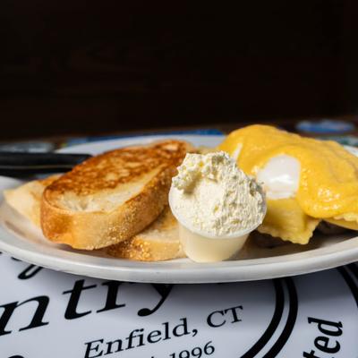 Ravioli Benedict, with Italian toast.