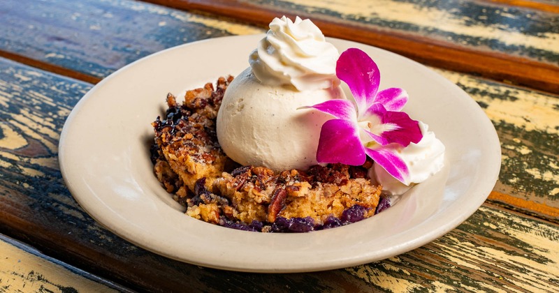 Blueberry Crunch with ice cream and whipped cream
