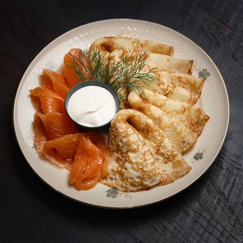 menu item 12 of 36, Blinis with House-Cured Salmon