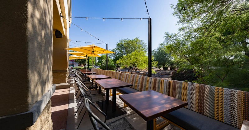 Patio, lined up tables