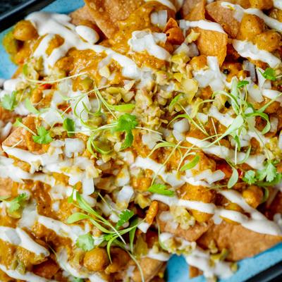 Chana Masala Nachos, close up.