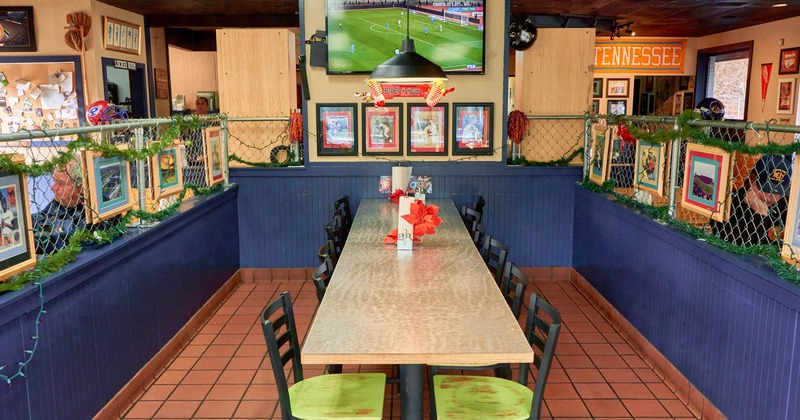 Interior, dining area, big table and chairs