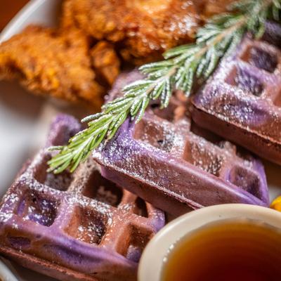 Vietnamese Ube waffles with chicken.