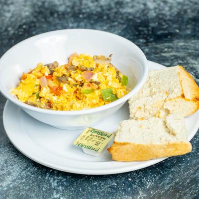 Veggie Scrabler served with bread and butter on the side.