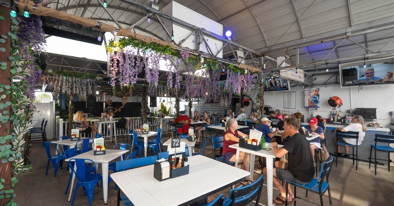 Interior, dining area with blue chairs