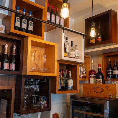Shelves with bottles.