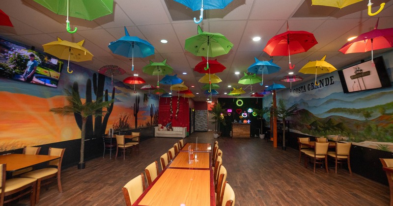 Long wooden tables and chairs