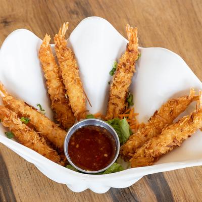 Coconut Shrimp served with sweet chili sauce.