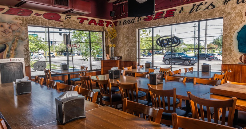Interior, dining area with large windows
