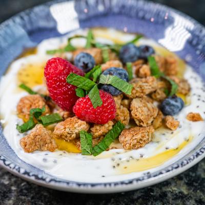 Greek Yogurt Granola Bowl, with fresh berries.