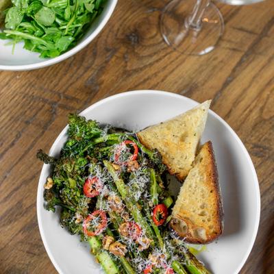 Roasted broccolini, with toast.