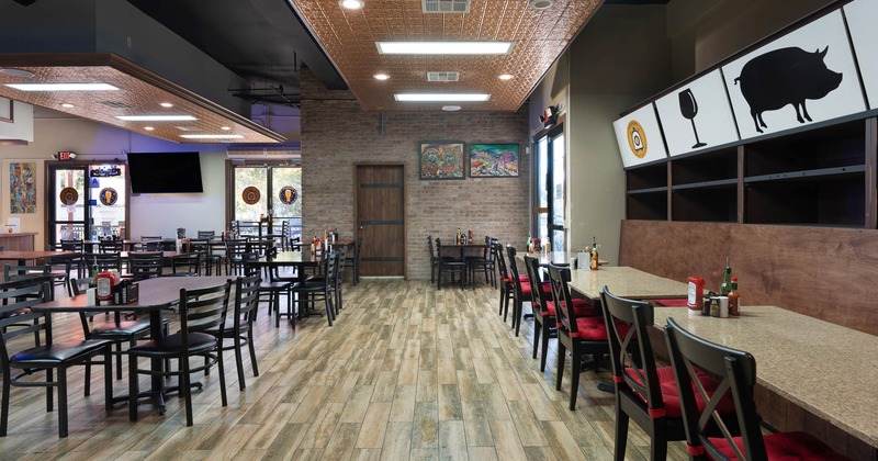 Decorated Interior, empty tables and seats