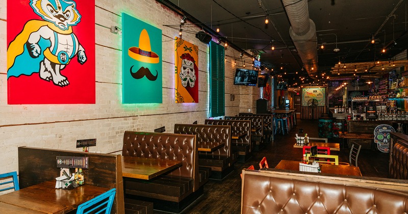 Interior space, seating area, upholstered booths lined up