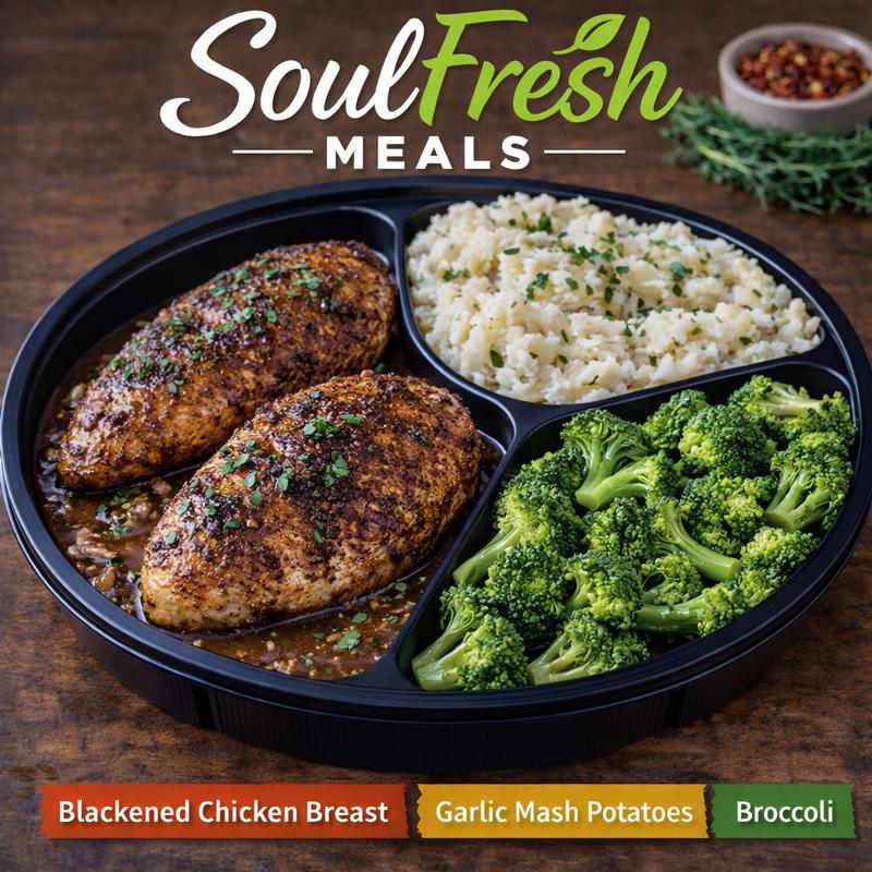 menu item 40 of 43, Blackened Chicken Breasts | Garlic Mash Potatoes | Broccoli