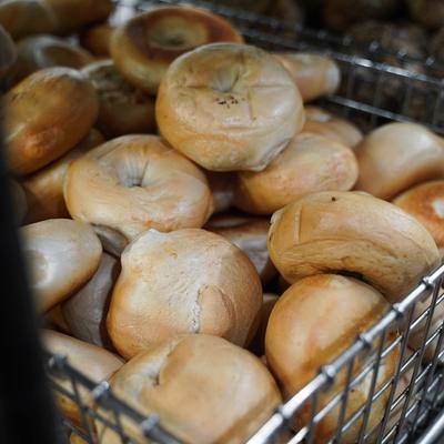 Basket filled with bagels.