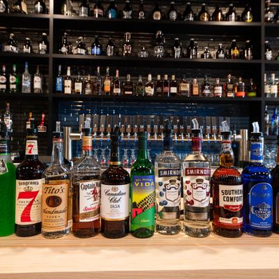 Assorted liquor bottle.