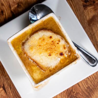 French onion soup, top view.