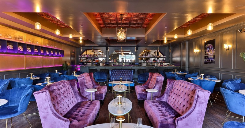 Interior, seating area, bar behind