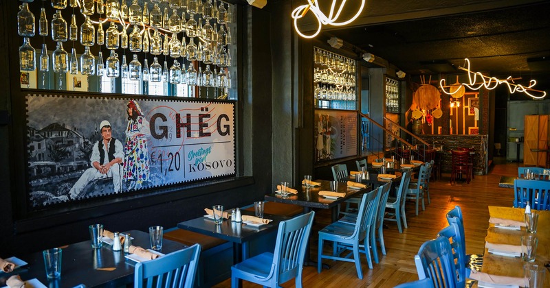 Interior, dining area with blue chairs