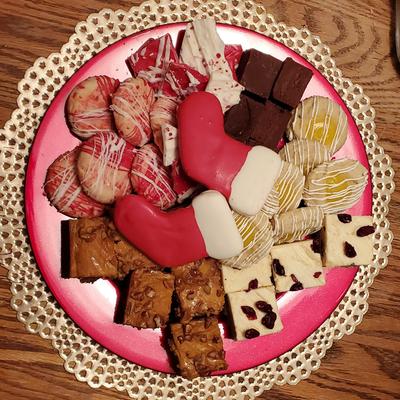 A festive platter features assorted holiday treats.