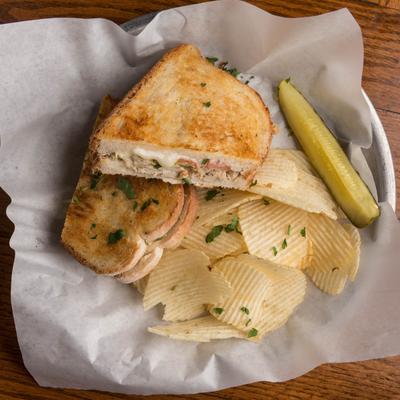 Panini, chips and pickle, top view