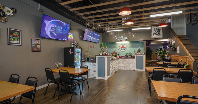 Interior, tables and chairs