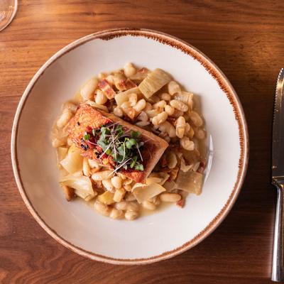 Roasted Atlantic Salmon dish plate, top view.