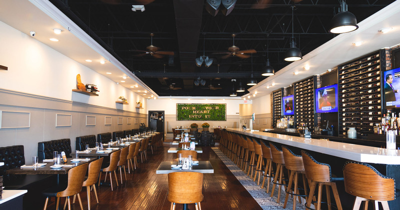 Interior, bar area and tables lined up