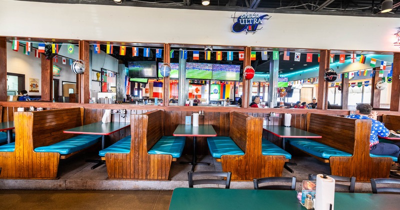 Interior, restaurant booths in dining area