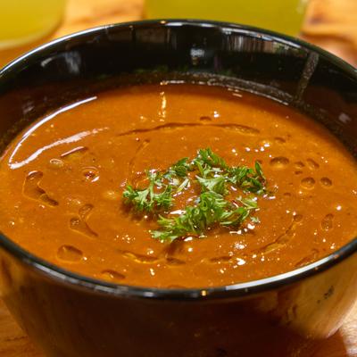 Close up of a bowl of lentil soup.